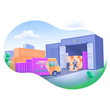 A delivery vehicle, painted in bright colors, is pulling up to a large logistics terminal. The vehicle showcases the words "Delivered At Terminal" prominently on its side. Surrounding the terminal are large shipping containers stacked high, with some open revealing packed goods inside. In the background, there are several loading docks with workers unloading cargo. The terminal features a clear blue sky overhead, with a few fluffy clouds scattered throughout. The scene is bustling with activity, highlighting the dynamic nature of logistics operations.