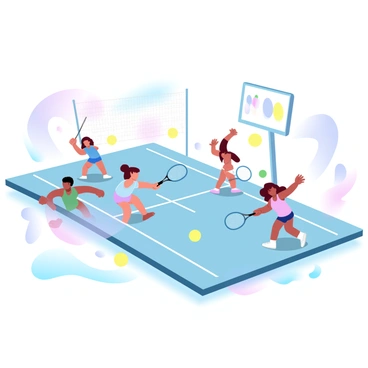 A group of children is actively playing tennis on a small court. The kids are wearing vibrant sports outfits in various colors. They are holding tennis rackets, ready to hit the bright, yellow tennis balls. The court is surrounded by colorful nets that add to the lively atmosphere. In the background, there are additional tennis equipment, such as colorful tennis balls and a bright scoreboard. The ground of the court is a smooth surface, with markings clearly defining the playing areas.