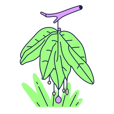 A wind chime is hanging from a sturdy branch, made entirely from banana leaves that are intricately woven together. The chime has several elongated, green leaves fluttering gently in the breeze, creating a rhythmic pattern of movement. Each leaf is adorned with delicate perforations that catch the light. Below the leaves, small natural beads made from wooden materials are strung along with the leaves, adding texture to the chime. The background shows a lush green environment, with hints of other tropical foliage surrounding the wind chime.