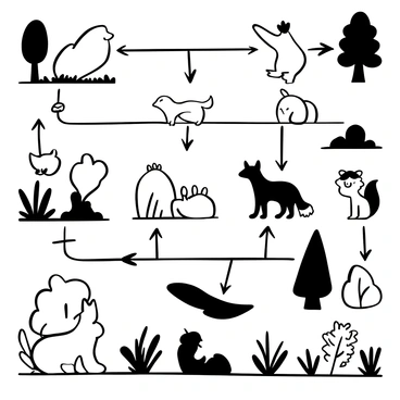 A detailed illustration of a forest food chain featuring multiple species interconnected by arrows. At the bottom, depict "grass" and "bushes," serving as primary producers. Above them, show "rabbits" and "squirrels" as primary consumers. Next, place "foxes" and "hawks" as secondary consumers, positioned higher in the hierarchy. Include arrows illustrating the flow of energy, connecting each species to indicate the relationships within the food chain. The background features various trees, plants, and natural forest elements to enhance the scene.