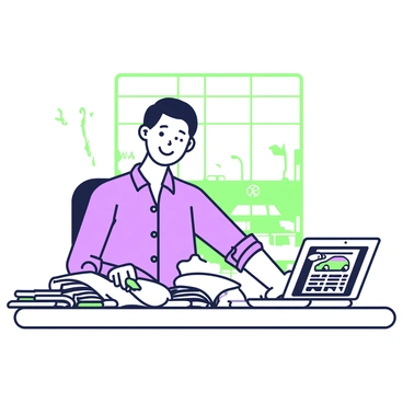 A friendly car salesman is sitting at his desk. He has short hair and is wearing a smart casual outfit, consisting of a button-up shirt and slacks. The desk is cluttered with various brochures showcasing different car models, neatly organized in piles. A laptop computer is open in front of him, displaying a colorful car advertisement on its screen. The salesman is smiling and looking directly at the viewer, inviting engagement. The background features a large window with a view of a parking lot filled with cars.