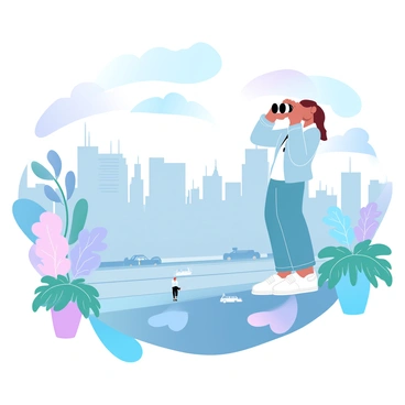 A person is standing on a rooftop garden, holding binoculars up to their eyes while observing a bustling cityscape. The person is dressed casually, wearing a light jacket and jeans. Surrounding them are various potted plants and colorful flowers adding vibrant accents to the garden. Below, the city is filled with tall buildings and busy streets, with cars and pedestrians creating a lively atmosphere. The sky is painted in gradient pastel colors, enhancing the scene's overall charm.