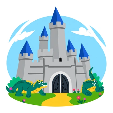 A tall fantasy castle made of grey stone towers, featuring pointed spires and intricate carvings. The castle is surrounded by a lush green landscape with colorful flowers in bloom. At the massive entrance gates, two large crocodile guardians are positioned, their scales glistening in the sunlight. Each guardian is adorned with ornate armor, displaying a fierce expression. The gates themselves are decorated with elegant patterns, contrasting with the rugged stone of the castle. Above the gates, a bright blue sky is visible, dotted with fluffy white clouds.