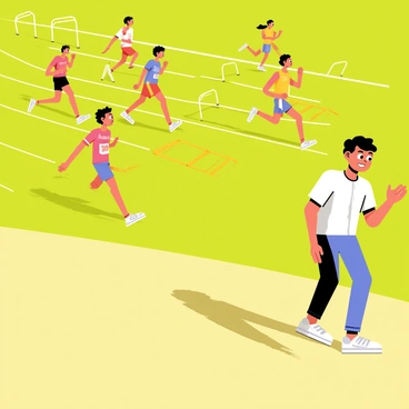 A high school track team practicing on a green field. The team consists of several runners wearing bright athletic gear, including jerseys in various colors and shorts. They are spread out along the track, some sprinting while others are stretching or preparing for their next lap. In the background, there are hurdles set up along the track. The coach stands beside the track, clapping and cheering for the runners, encouraging them with a wide smile. Sunlight casts long shadows on the field, creating a lively atmosphere of teamwork and determination.