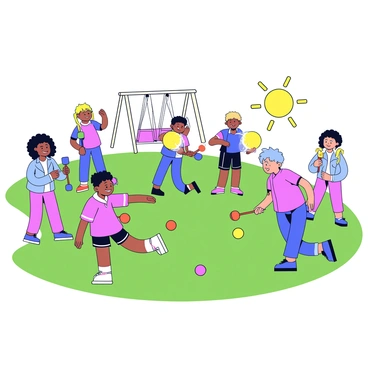 A group of children playing croquet in a playground filled with vibrant colors. The children are diverse in appearance, wearing bright clothing. Some are holding croquet mallets, while others are aiming for brightly colored balls. The playground features swings and slides in the background, surrounded by green grass. The sun is shining brightly, casting cheerful shadows on the ground. The scene captures the joy and excitement of the children engaging in the game.