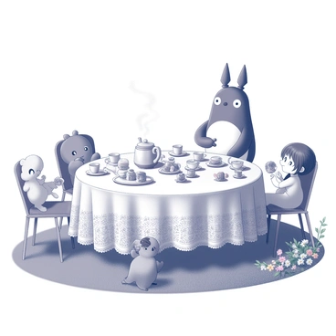 A whimsical tea party with characters from various Ghibli films enjoying tea and pastries.