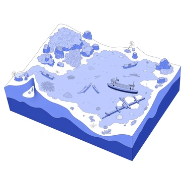 A 3D map is displayed, illustrating the ocean floor. The map features detailed coral reefs with various formations, showcasing the intricate textures and shapes of the coral. Shipwrecks are scattered across the seafloor, with visible structures such as broken masts and rusted hulls, partially covered by sand and marine life. The terrain includes underwater ridges and valleys, enhancing the topographical representation of the ocean floor.