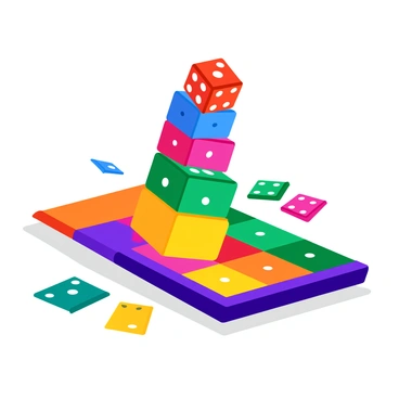 A colorful tower of stacked dice with red, blue, green, yellow, and purple sides is precariously balanced, teetering on the edge of falling over. Each die features clear black dots representing the numbers. The game board beneath is a vibrant checkered pattern of alternating colors. Surrounding the tower, a few scattered playing pieces and cards can be seen, adding to the game atmosphere. The dice are positioned at the center of the image, capturing the tension of the moment.