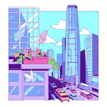A group of small fairies with iridescent wings are playfully hiding among the towering skyscrapers of a bustling city. Their delicate features and vibrant colors blend harmoniously with the lively atmosphere. One fairy is peeking out from behind a shiny glass window, while another is fluttering near a rooftop garden filled with colorful flowers. Below, the busy streets are filled with people and vehicles, while the fairies watch the activity from their hidden spots. The sun casts dynamic shadows from the skyscrapers, creating an interesting play of light around the fairies.