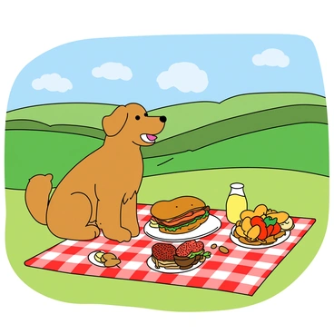 A dog sitting by a picnic blanket filled with delicious food and a scenic view