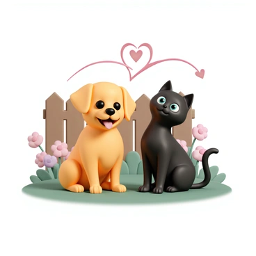 A playful dog, with a fluffy golden coat and floppy ears, is sitting next to a sleek black cat, which has bright green eyes. The dog has its tongue out, showing excitement, while the cat appears relaxed, with its tail curled around the dog's body. A vibrant heart line in a soft red color connects them, symbolizing their friendship. The backyard is filled with colorful flowers, green grass, and a wooden fence in the background, completing the lively atmosphere.