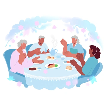 A table is set for an elegant afternoon tea party in a sunny garden. The table is adorned with a delicate lace tablecloth and fine china teacups filled with steaming tea. An assortment of pastries and finger sandwiches is arranged on tiered serving trays. Four elderly friends are seated around the table, each dressed in light, pastel-colored outfits. One friend is pouring tea from a beautiful teapot into a cup, while another is reaching for a sandwich. The garden is filled with blooming flowers in various colors and a few butterflies fluttering nearby. Gentle sunlight filters through the leaves of surrounding trees, casting soft shadows on the table.
