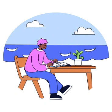 A person sitting at a wooden table, writing in a journal. The individual is facing towards the ocean, with waves gently lapping at the shore. The ocean stretches out under a clear blue sky, and a few fluffy white clouds are scattered above. The table has a simple design, and an open notebook is resting on it, with a pen in the person's hand. A small potted plant sits on the corner of the table, adding a touch of greenery to the scene.