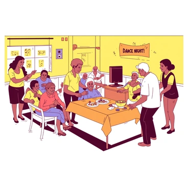 A yellow room filled with cheerful decorations is the setting for a dance event hosted by volunteers for residents at a senior center. Several volunteers, dressed in colorful outfits, are assisting seniors in finding their places on the dance floor. Some seniors are seated on white chairs, smiling and chatting with each other, while others are slowly getting up to join the dance. A small table, adorned with an orange tablecloth, holds refreshments and snacks, providing a welcoming atmosphere. In one corner, a speaker is playing lively music, and a banner that reads "Dance Night!" is hung above the dance floor.