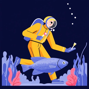 A deep-sea explorer wearing a bright orange diving suit is positioned in the dark blue ocean waters. The explorer has a reflective helmet that captures light from a nearby underwater flashlight. In front of the explorer, a rare and majestic blue fish with vibrant scales glides gracefully, showcasing its long fins and intricate patterns. Surrounding them are various coral structures and small bubbles rising towards the surface, enhancing the underwater atmosphere. The scene captures the wonder of exploration in the depths of the ocean.