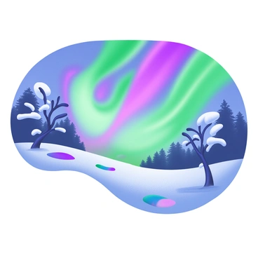 A snowy landscape illuminated by the soft glow of the northern lights. The sky is filled with vibrant green and purple ribbons of light, swirling and dancing. In the foreground, there are patches of untouched snow reflecting the colors of the aurora. Silhouetted trees with snow-laden branches line the horizon, contrasting against the colorful display above. The scene evokes a sense of calm and beauty in the natural world.