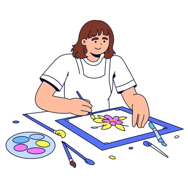 A woman is focused on creating a watercolor painting. She has shoulder-length brown hair and is wearing a white apron. Surrounding her are various colorful palettes filled with vibrant paints. The scene includes brushes of different sizes placed haphazardly on the table, with some paint splatters visible on the surface. The woman is holding a brush in her right hand, poised over a sheet of paper that displays a partially completed floral design.