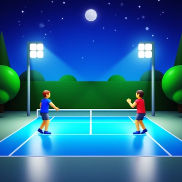A tennis court at night, brightly illuminated by floodlights. Two players are engaged in a match, one player is poised to serve while the other is ready to receive. The court lines are clearly visible, and the net is taut in the center. A vibrant sky filled with stars is in the background. The players are wearing athletic gear, with one player in a blue jersey and the other in a red jersey. The surrounding area has lush green trees and a clear view of the moon. The scene captures the intensity of the game in motion.