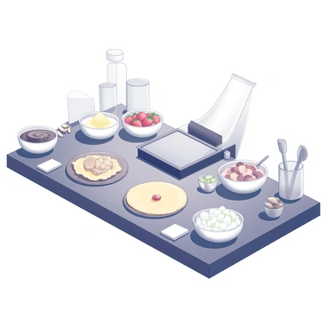 A self-serve crepe bar is set up on a long countertop. It features a large, flat griddle for cooking crepes, and several bowls filled with various fillings are placed on the counter. Among the sweet fillings are "chocolate spread," "fresh strawberries," "whipped cream," and "maple syrup." For savory options, there are bowls containing "cheese," "ham," "spinach," and "mushrooms." There are also utensils and toppings like "powdered sugar" and "nuts" available for guests to customize their crepes. The setting is inviting, with bright lighting highlighting the colorful ingredients.