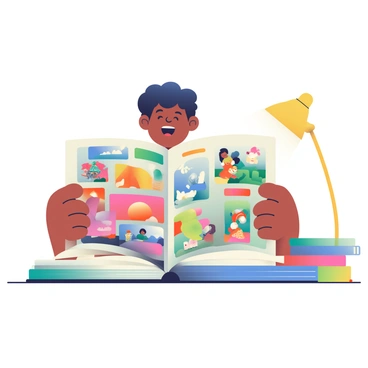 A person with light brown skin and curly hair is eagerly flipping through an open art book. The book is filled with vibrant illustrations showcasing colorful landscapes, abstract designs, and whimsical creatures. The person's expression shows excitement and curiosity as they carefully examine each page. The surrounding area features a cozy reading nook with a small stack of other art books and a warm, inviting lamp casting a soft glow over the scene.