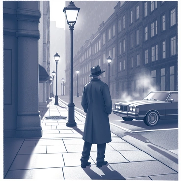 A detective stands on a rain-soaked street corner in a dimly lit cityscape. He wears a classic trench coat and a fedora, casting a long shadow on the pavement. The buildings around him are tall and imposing, featuring intricate architectural details and darkened windows. Streetlights flicker, casting pools of light that reflect on the wet ground. In the background, a vintage car is parked beside the curb, partially obscured by steam rising from a nearby manhole. The atmosphere is tense, suggesting a mystery waiting to be unraveled.