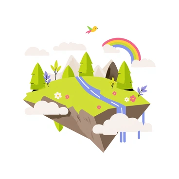 An enchanted island floating in the sky with lush green trees and colorful flowers. The island features several waterfalls cascading down the edges, with clear blue water flowing into fluffy white clouds below. Brightly colored birds can be seen flying around the island, and a rainbow arcs above, adding to the magical atmosphere. In the background, distant mountains are faintly visible through the clouds.
