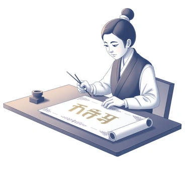 A skilled calligrapher is seated at a wooden table. They are focused on practicing "kanji characters" on a long, rolled scroll. The calligrapher holds a brush delicately in their right hand, poised above the surface of the scroll. An inkstone rests to the left, with traces of black ink visible. The scroll has intricate patterns along the edges, and the calligrapher's expression reflects concentration. The setting is simple, with a warm light illuminating the workspace.