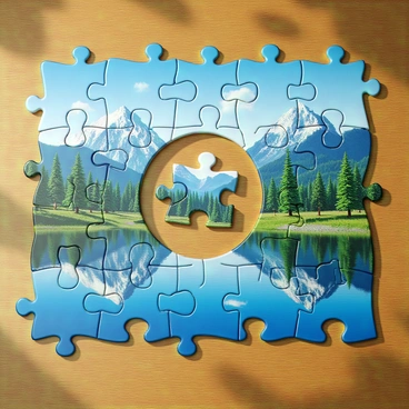 A large jigsaw puzzle spread out on a wooden table, with vibrant colors and intricate designs on each piece. The puzzle features a scenic landscape with mountains, trees, and a clear blue sky. In the center of the puzzle, there is one piece missing, creating an empty space surrounded by pieces that fit snugly together. The remaining pieces are varied in shape and size, and the sunlight casts soft shadows on the table.