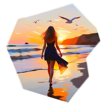 A woman with long, wavy hair is walking along the beach during sunset. She is wearing a flowing black dress that billows gently in the ocean breeze. The sun is setting on the horizon, casting warm golden and orange hues across the sky and reflecting them on the water's surface. The waves lap at her feet as she strolls on the wet sand. Seagulls soar overhead, and the silhouette of distant cliffs can be seen in the background. The atmosphere conveys a sense of tranquility and beauty as the day comes to an end.