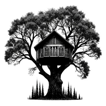 A whimsical treehouse is nestled high among the sturdy branches of an old oak tree. The treehouse is constructed from various materials, featuring a patchwork design that includes wooden panels and a thatched roof. Surrounding the treehouse, the thick branches of the oak create a natural balcony, with leaves rustling gently. The tree's bark shows a rich texture, emphasizing its age. Below the tree, a vintage forest is visible, filled with tall, slender trees and scattered foliage, providing a serene backdrop to the scene.