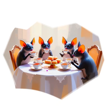 A group of bats with shiny black fur and delicate wings is gathered around a round Victorian-style table. The table is elegantly set with tiny, ornate teacups and saucers featuring intricate floral patterns. Each bat has a miniature teacup in its paws, some sipping tea while others are engaged in conversation. The scene is filled with soft, warm lighting that highlights the detailed woodwork of the table. A small cake stand with an assortment of pastries is placed in the center, and some bats are playfully reaching for the treats. A faint lace tablecloth drapes over the table, enhancing the refined atmosphere of the tea party.