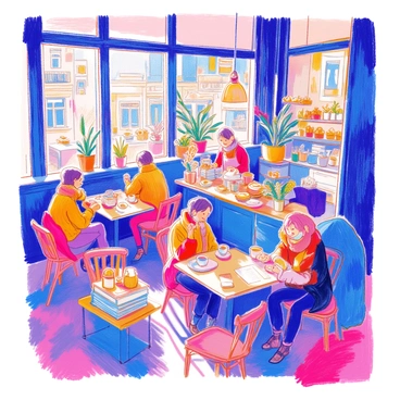 A cozy cafe is filled with people sitting at small wooden tables. Some customers are sipping coffee from ceramic mugs, while others are deeply engrossed in reading books. The light from large windows casts soft shadows across the room. People are wrapped in warm sweaters, and a few carry scarves. In one corner, a barista is preparing drinks behind a counter adorned with pastries. Potted plants are placed throughout the cafe, adding a touch of greenery. The atmosphere is lively yet relaxed, perfect for a chilly afternoon.