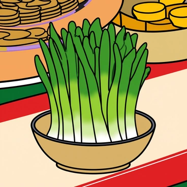 A close-up of vibrant green Sabzeh sprouting from a small, round dish. The Sabzeh features lush, healthy blades, showing their rich color and dewiness. The dish is placed on a beautifully arranged Haft-Sin table, which is adorned with colorful decorations. The background includes elements of the Haft-Sin display, such as "sekeh" (coins) and "sonbol" (hyacinth), enhancing the theme of rebirth in spring. The lighting is bright, highlighting the freshness of the Sabzeh and the lively atmosphere of the setting.