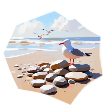 A beach scene covered in smooth pebbles of various colors and textures, each representing different rock types. The pebbles are scattered across the sandy shore, with some larger stones interspersed among smaller ones. The sunlight casts gentle reflections on the surfaces of the pebbles, highlighting their unique characteristics. In the background, soft waves lap against the shore, and a few seagulls can be seen flying over the water.