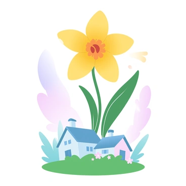 An oversized daffodil with vibrant yellow petals stands tall above a tiny village. The daffodil's stem is thick and green, providing a striking contrast to the colorful rooftops of the village below. The village features quaint houses with various pastel colors, each with small windows and chimneys. In the background, a gradient sky transitions from soft pink to light purple, creating a dreamy atmosphere. The surrounding area is filled with lush green grass and smaller flowers, adding texture to the scene. A gentle breeze seems to sway the daffodil slightly, enhancing the surreal quality of the landscape.
