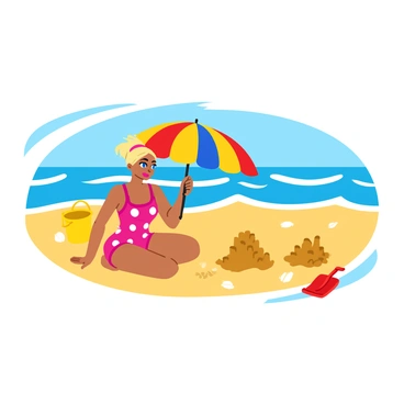 A vintage Barbie sitting on the sand, focused on building intricate sandcastles. She is wearing a bright pink swimsuit with white polka dots. Next to her, there is a colorful striped umbrella providing shade, its fabric displaying vibrant shades of blue, yellow, and red. The beach around her is dotted with small seashells and a few scattered toys, such as a bright yellow bucket and a red shovel. The ocean waves gently lap at the shore in the background, sparkling under the sunlight.