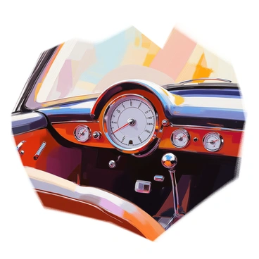 A retro car dashboard showcasing a large, circular speedometer at the center. The dashboard features vintage dials and switches, crafted from polished wood and chrome accents, giving it a classic look. Various gauges, including fuel and temperature indicators, are arranged symmetrically around the speedometer. The overall color scheme includes deep burgundy and black, enhancing the nostalgic feel of the interior. A leather-wrapped steering wheel is visible, positioned just below the dashboard. The interior lighting casts a warm glow on the dashboard elements.