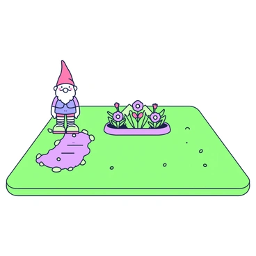 A tidy suburban lawn is neatly mowed, with a vibrant green color. In the center, there is a small flower bed, filled with colorful flowers arranged in an organized pattern. The flower bed is bordered with a thin green outline. To the side of the flower bed stands a garden gnome, depicted with a smiling face, wearing a red hat and blue outfit. The gnome is positioned on a small patch of grass, surrounded by a few pebbles that create a charming pathway leading to the entrance of a nearby house.