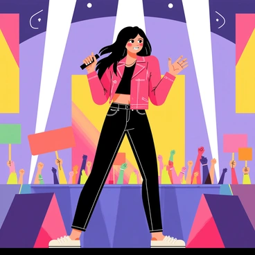 A female rockstar with long, flowing black hair is performing energetically on stage. She wears a shiny red leather jacket and black skinny jeans, holding a microphone in one hand while striking a dynamic pose. Bright spotlights illuminate her as she sings. The background features a cheering crowd with hands raised, some holding colorful signs. The stage is adorned with large speakers and vibrant banners, creating an electrifying atmosphere.