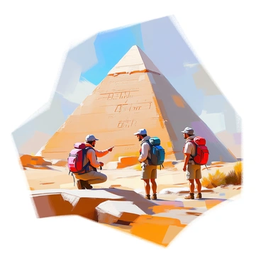 An ancient pyramid stands tall, its weathered stone blocks bearing intricate hieroglyphics etched into the surface. The pyramid is surrounded by a sandy landscape dotted with sparse vegetation. A group of explorers, dressed in rugged outdoor clothing and equipped with backpacks, are examining the surroundings. One explorer kneels to inspect the hieroglyphics closely, while another points towards the top of the pyramid, discussing its structure. The sun casts long shadows across the desert, enhancing the scene with warm light.