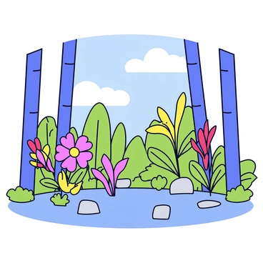 An illustration of a variety of rare plant genera in a protected reserve. There are tall, slender trees with smooth bark surrounding the area. Brightly colored flowers are blooming in shades of purple, yellow, and red, surrounded by lush green leaves. Some of the plants have unique, intricate shapes, showcasing their distinct characteristics. The ground is covered in soft moss and small rocks, adding texture to the scene. A clear blue sky is visible above, with a few fluffy white clouds drifting by.