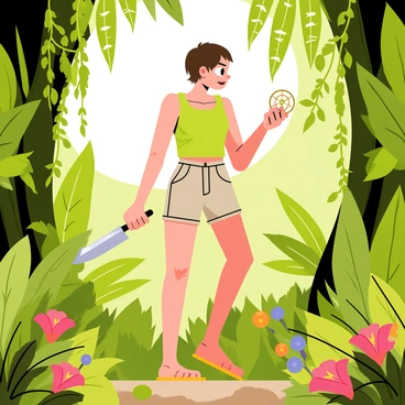 A female explorer with short brown hair is wearing a green tank top and khaki shorts. She is holding a shiny silver machete in her right hand and a brass compass in her left hand. Thick, lush green foliage surrounds her, with large leaves and vines hanging from tall trees. Brightly colored flowers are scattered throughout the jungle floor. Sunlight filters through the canopy above, casting dappled shadows on the ground. The explorer looks determined as she carefully makes her way through the dense jungle.