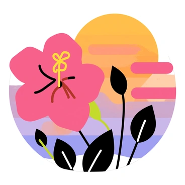 A silhouette of a "hibiscus flower" with prominent petals and a distinctive center. The background features a "vibrant sunset" displaying a gradient of warm colors, including "orange," "pink," and "purple." The sun is partially visible, casting its light across the horizon. The scene is framed with a few leaves gently swaying in the foreground, adding depth to the composition.