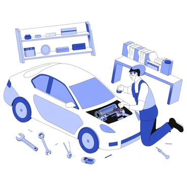 A mechanic is kneeling beside an electric car with the hood open, focusing on the engine. The engine is detailed with various wires, batteries, and components visible. Tools are scattered around the car, including a wrench, screwdriver, and multimeter. The mechanic is wearing a work uniform and safety goggles, showing concentration as they connect wires. The background features a garage environment with various car parts and equipment organized on shelves.