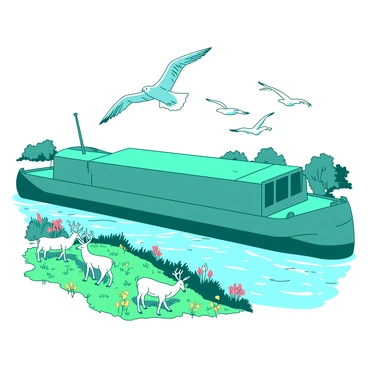A teal grain barge glides smoothly along the river, its hull reflecting the sunlight. On the riverbank, there is a vibrant scene filled with various wildlife. A group of white birds is flying overhead, their wings spread wide against the clear sky. In the foreground, a small family of deer grazes peacefully on the lush green grass, their ears perked up as they observe the barge passing by. Nearby, colorful wildflowers dot the landscape, adding splashes of color to the serene environment. The river flows gently, creating ripples that shimmer under the bright sun.