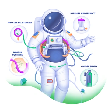 A detailed illustration of an astronaut's space suit designed to showcase how pressure is maintained in a vacuum. The suit features a glossy white exterior with various colored patches indicating different systems. Visible sections of the suit reveal a series of internal layers, including a dark blue pressure bladder and thermal insulation materials. Various tubes and connectors are artistically arranged around the suit, illustrating the life support system. The helmet is transparent, showing the astronaut's face and the communication equipment inside. Surrounding the suit are labeled diagrams explaining the pressure maintenance mechanisms, including a pressure gauge and an oxygen supply indicator.