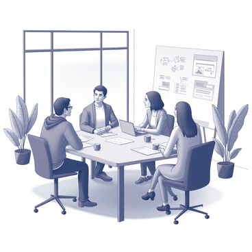 A group of young entrepreneurs is gathered around a large table in a co-working space. They are actively discussing and sharing ideas, with some individuals leaning forward, engaged in conversation. Papers, laptops, and coffee cups are scattered across the table. A whiteboard in the background is filled with notes and diagrams, showcasing various concepts and strategies. The room has large windows that allow natural light to flow in, highlighting the collaborative atmosphere. Several plants are situated around the space, adding a touch of greenery to the environment.