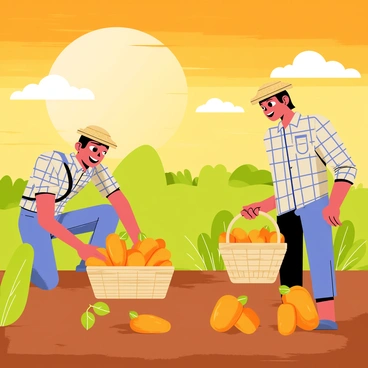 A farmer wearing a straw hat and a plaid shirt is bent over, carefully pulling bright orange sweet potatoes from the rich brown soil. Another farmer stands nearby, smiling as they fill a wicker basket with freshly harvested sweet potatoes. The sky is ablaze with shades of orange and gold, casting a warm glow over the fields. Lush green leaves surround the area, and a few fluffy clouds float in the vibrant sky. The scene captures the joy and fulfillment of the harvest season.