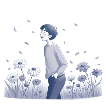 A person is standing in a field filled with a variety of flowers, including large blooms and smaller blossoms. The individual has a surprised expression as they are in the midst of a sneeze. Petals from the surrounding flowers are caught in the air, creating a dynamic scene as they fly around. The person's hair is slightly disheveled from the movement, and their clothing is simple but affected by the soft breeze that adds to the atmosphere of the field.