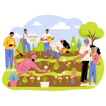 A community of diverse individuals is gathered in a vibrant local garden, planting native fynbos plants. Some community members are on their knees, carefully placing small fynbos seedlings into the rich brown soil, while others stand nearby holding gardening tools such as shovels and watering cans. The garden is filled with various shades of green, peppered with the colorful flowers of the fynbos plants, including pinks, yellows, and whites. In the background, there are a few trees providing shade, and a blue sky overhead with fluffy white clouds. A sign that reads "Community Garden" is visible, adding to the sense of collaboration in this gardening effort.